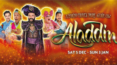 Artwork for Aladdin at the Floral Pavilion, New Brighton, showing James-Royden Lyley, Sean Jones, James Mackenzie, Scott Gallagher and Yna Montarde in character