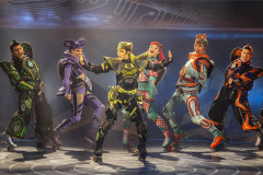 The engines line up on skates in Starlight Express at the Troubadour Wembley Park Theatre. Photo by Pamela Raith